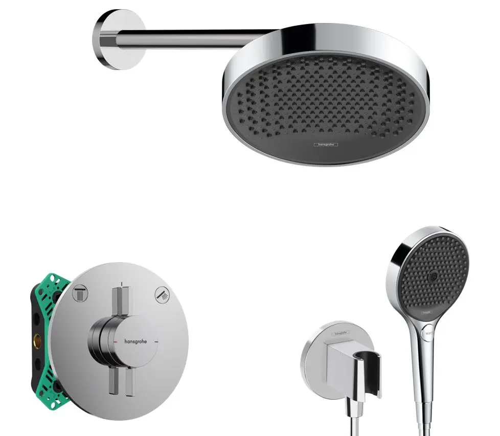 Hansgrohe - dušas komplekts ar zemapmetuma maisītāju, ar montāžas korpusu, diametrs 25 cm, 3 strūklas veidi, hroms SANI21HHH004