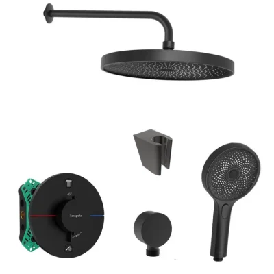 Hansgrohe/Kielle - dušas komplekts ar zemapmetuma termostatu un montāžas korpusu, matēti melns SANI21HKK402