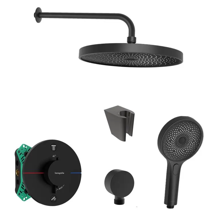Hansgrohe/Kielle - dušas komplekts ar zemapmetuma termostatu un montāžas korpusu, matēti melns SANI21HKK402