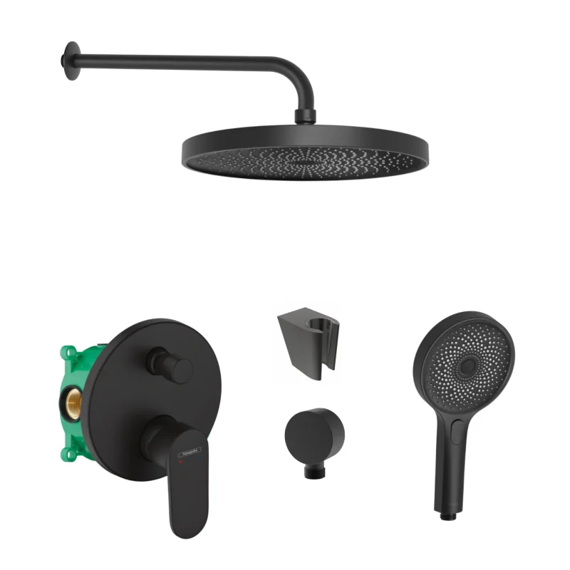 Hansgrohe/Kielle - dušas komplekts ar maisītāju un zemapmetuma iebūvējamo korpusu, matēti melns SANI21HKK407