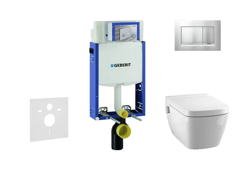 Geberit Kombifix - uzstādīšanas elements sienas WC ar vadības plati Sigma20, matēts hroms/hroms + Tece One - dušas WC un WC sēdeklis, bez apmales, SoftClose 110.302.00.5 NT7