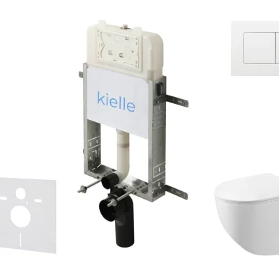 kielle Genesis New - komplekts priekšsienas montāžai, kompaktais WC Gaia, Rimless, Softclose sēdeklis un vadības plate Gemini New III, spīdīgi balts 30528SZ88