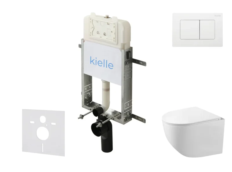 kielle Genesis New - komplekts priekšsienas montāžai, kompaktais WC Gaia, Rimless, Softclose sēdeklis un vadības plate Gemini New III, spīdīgi balts 30528SZ88