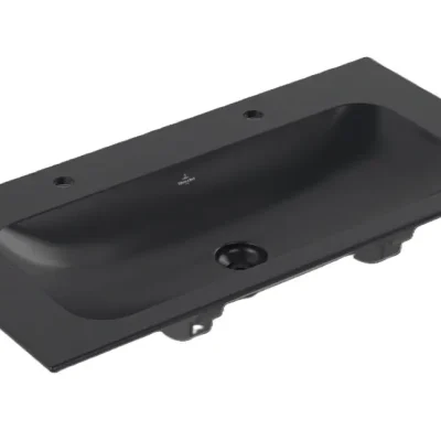 Villeroy & Boch Finion - dubultizlietne 100x50 cm, bez pārplūdes, 2 caurumi maisītājam, CeramicPlus, Pure Black 4164A1R7