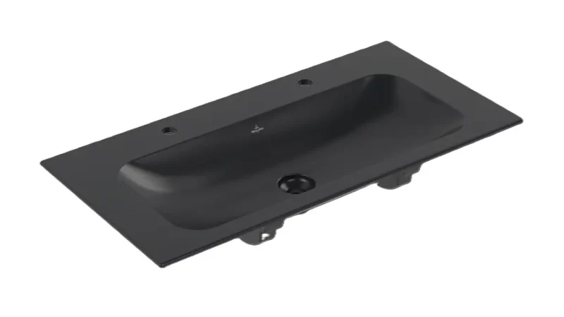 Villeroy & Boch Finion - dubultizlietne 100x50 cm, bez pārplūdes, 2 caurumi maisītājam, CeramicPlus, Pure Black 4164A1R7