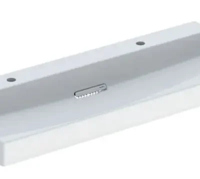 Geberit ONE - mēbeļu dubultā izlietne 120x48x14 cm, slēpta pārplūde, 2 jaucējkrāna caurumi, horizontāla notece, KeraTect, balta 505.049.00.1