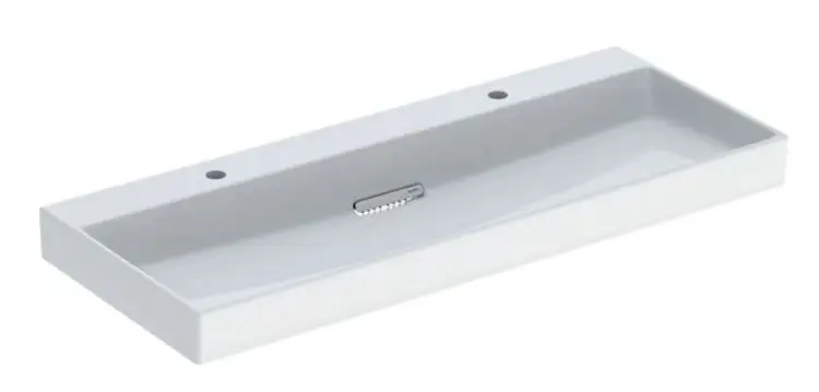 Geberit ONE - mēbeļu dubultā izlietne 120x48x14 cm, slēpta pārplūde, 2 jaucējkrāna caurumi, horizontāla notece, KeraTect, balta 505.049.00.1