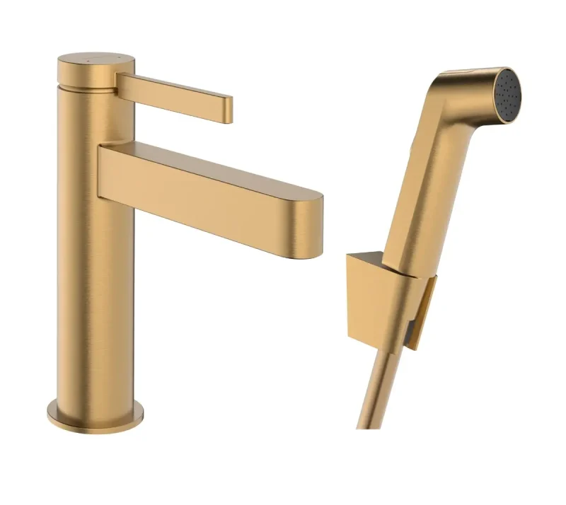 Hansgrohe Finoris - izlietnes maisītājs ar Push-Open noteces komplektu un bidē dušu, EcoSmart, birstēta bronza 76210140