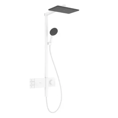 Hansgrohe Raindance Alive Q - dušas komplekts ar termostatu, 21x34 cm, 3 strūklas veidi, EcoSmart, matēti balts 24591700