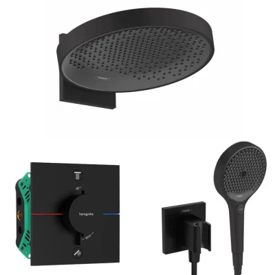 Hansgrohe - dušas komplekts ar zemapmetuma termostatu, ar montāžas korpusu, diametrs 36 cm, 3 strūklas veidi, matēti melns SANI21HHH411