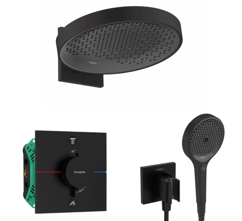 Hansgrohe - dušas komplekts ar zemapmetuma termostatu, ar montāžas korpusu, diametrs 36 cm, 3 strūklas veidi, matēti melns SANI21HHH411