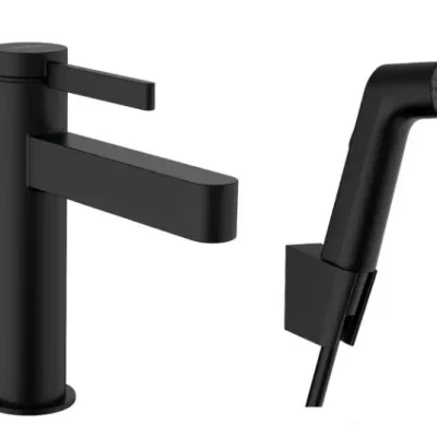 Hansgrohe Finoris - izlietnes maisītājs ar Push-Open noteces komplektu un bidē dušu, EcoSmart, matēti melns 76210670