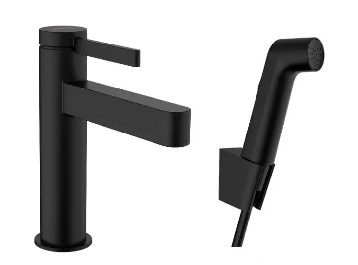 Hansgrohe Finoris - izlietnes maisītājs ar Push-Open noteces komplektu un bidē dušu, EcoSmart, matēti melns 76210670
