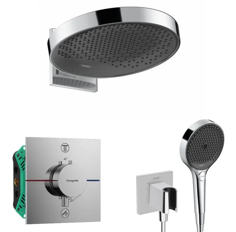 Hansgrohe - dušas komplekts ar zemapmetuma termostatu, ar montāžas korpusu, diametrs 36 cm, 3 strūklas veidi, hroms SANI21HHH011