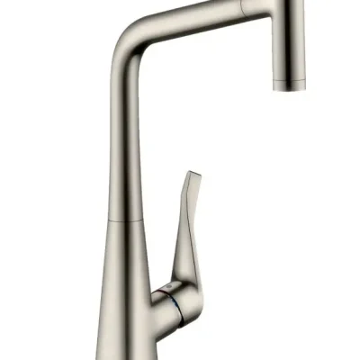 Hansgrohe Metris New - virtuves izlietnes vienas sviras maisītājs 320 ar izvelkamu trauku dušu, nerūsējošais tērauds 14820800