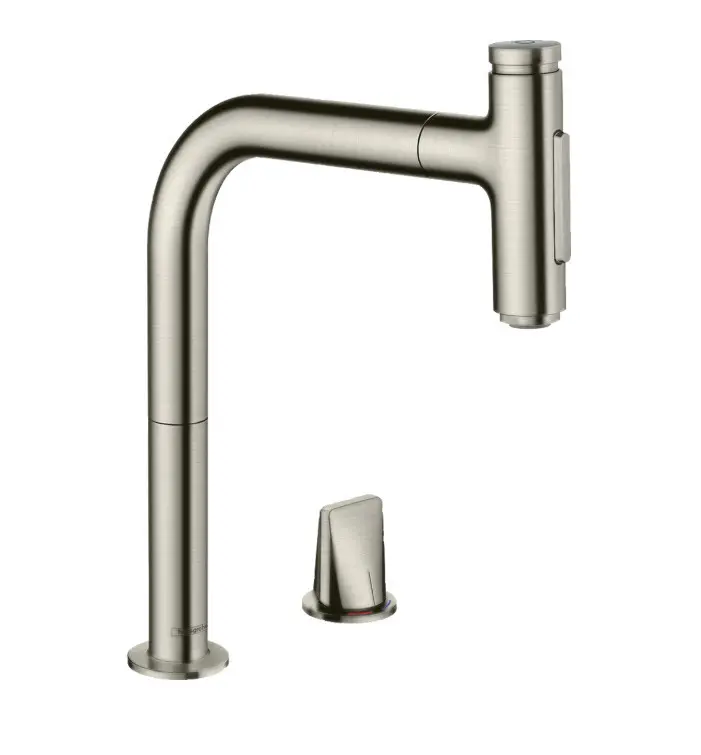Hansgrohe M71 - izlietnes maisītājs Metris Select, ar izvelkamu dušu, 2 caurumu montāža, EcoSmart, nerūsējošais tērauds 73819800