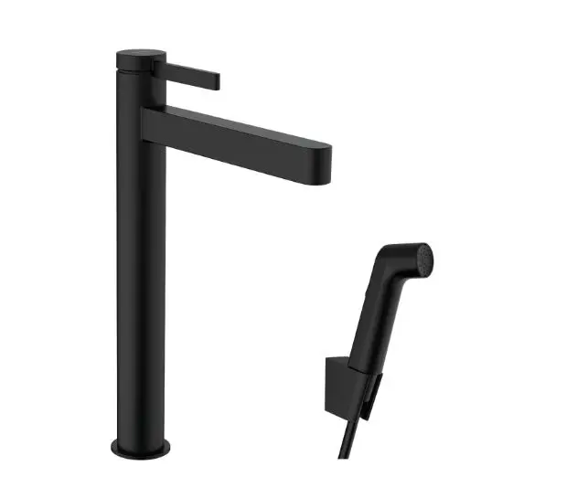Hansgrohe Finoris - izlietnes maisītājs ar Push-Open noteces komplektu un bidē dušu, EcoSmart, matēti melns 76220670