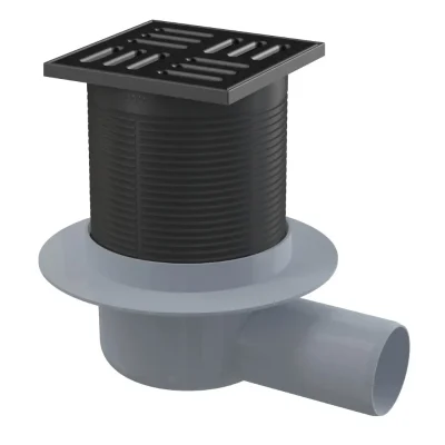 Alcadrain vannas notekas - sānu grīdas noteka 11x11 cm, diametrs 5 cm, kombinēts smaku aizbāznis SMART, nerūsējošais tērauds melns matēts/plastmasa APV31BLACK
