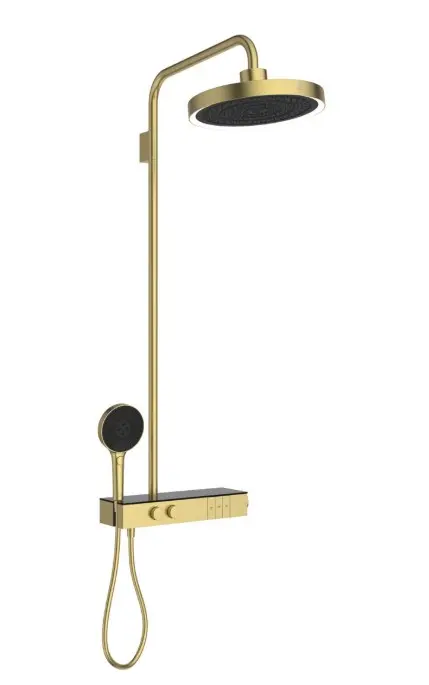 Ideal Standard Ceratherm Solos - dušas komplekts ar termostatu, diametrs 33 cm, 3 strūklu veidi, ar LED apgaismojumu, birstēts zelts A7883A2
