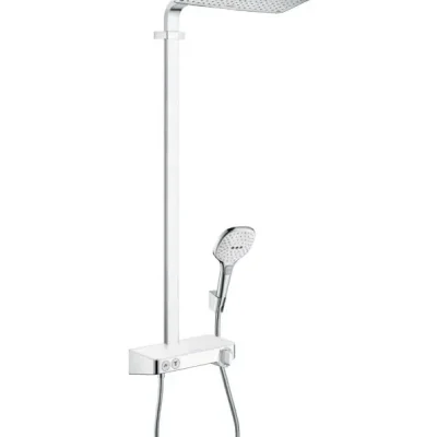 Hansgrohe Raindance Select E - dušas sistēma Showerpipe 360 ar termostata maisītāju ShowerTablet Select 300, balta / hromēta 27288400
