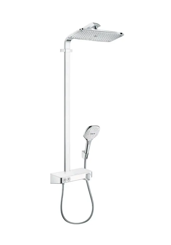 Hansgrohe Raindance Select E - dušas sistēma Showerpipe 360 ar termostata maisītāju ShowerTablet Select 300, balta / hromēta 27288400