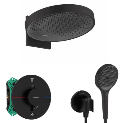 Hansgrohe - dušas komplekts ar zemapmetuma termostatu, ar montāžas korpusu, diametrs 36 cm, 3 strūklas veidi, matēti melns SANI21HHH410
