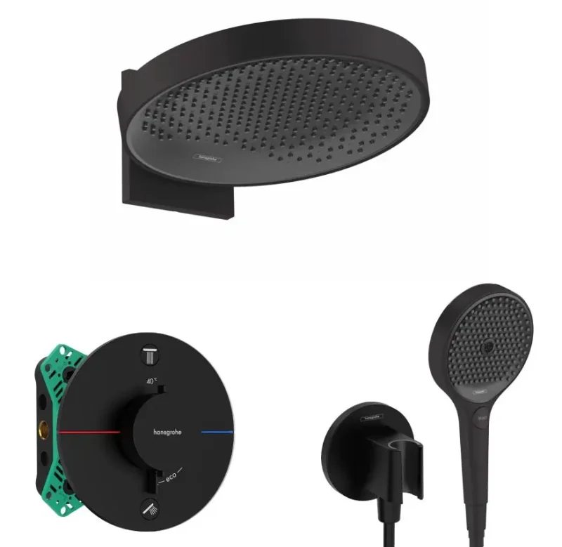 Hansgrohe - dušas komplekts ar zemapmetuma termostatu, ar montāžas korpusu, diametrs 36 cm, 3 strūklas veidi, matēti melns SANI21HHH410