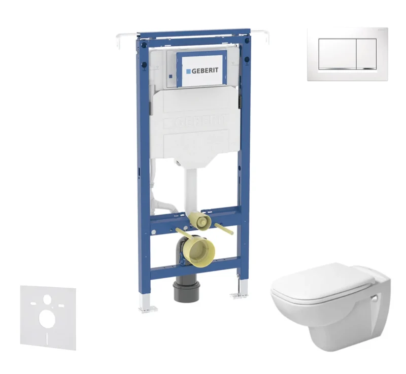 Geberit Duofix - priekšsienas elements komplekts, Duravit D-Code WC un sēdeklis, Sigma20 poga, Rimless, SoftClose, balts/hroms spīdīgs SANI11CP3105