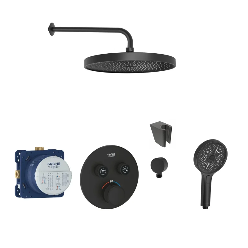 Grohe/Kielle - dušas komplekts ar termostatu un zemapmetuma iebūvējamo daļu, matēti melns SANI21GKK400