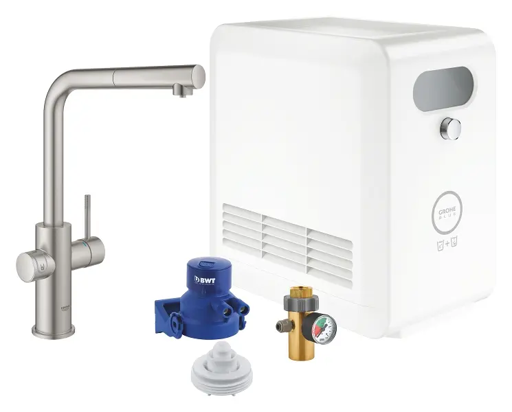 Grohe Blue Professional - virtuves izlietnes maisītājs Connected, ar dzesēšanas iekārtu un ūdens filtru, izvelkama trauku duša, SuperSteel 31326DC2