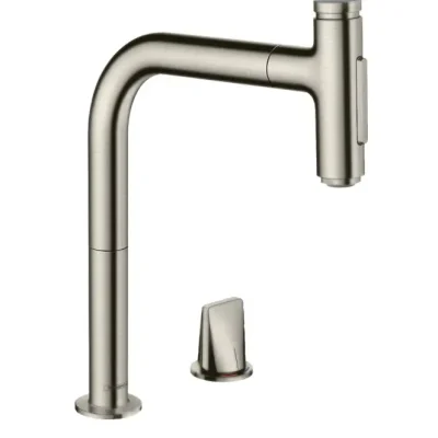 Hansgrohe M71 - virtuves izlietnes maisītājs M5120-H200 ar izvelkamu trauku dušu, 2 caurumu montāža, sBOX, nerūsējošais tērauds 73818800