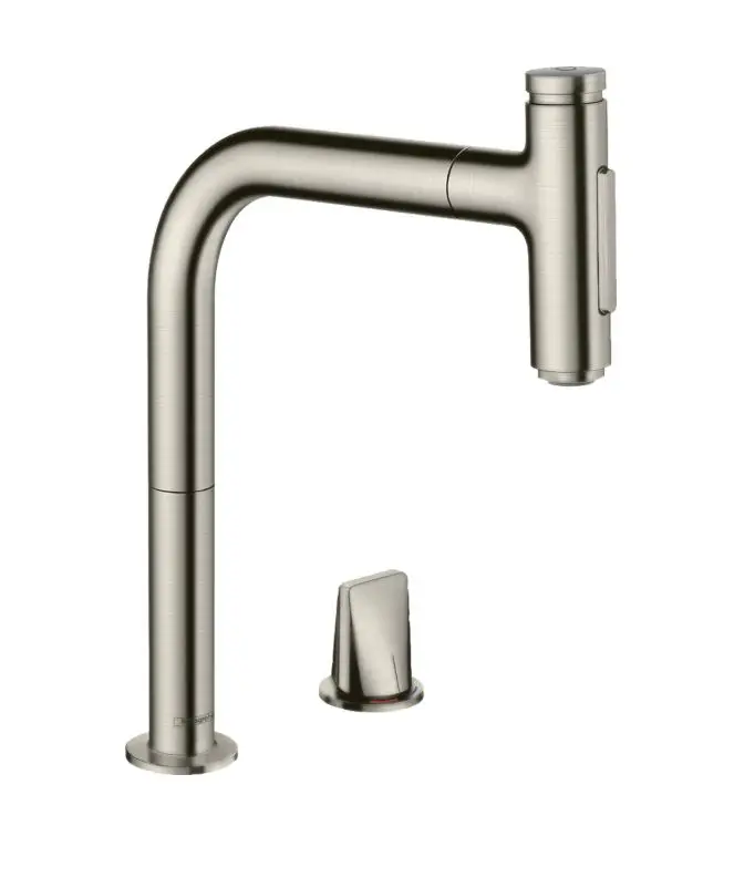 Hansgrohe M71 - virtuves izlietnes maisītājs M5120-H200 ar izvelkamu trauku dušu, 2 caurumu montāža, sBOX, nerūsējošais tērauds 73818800