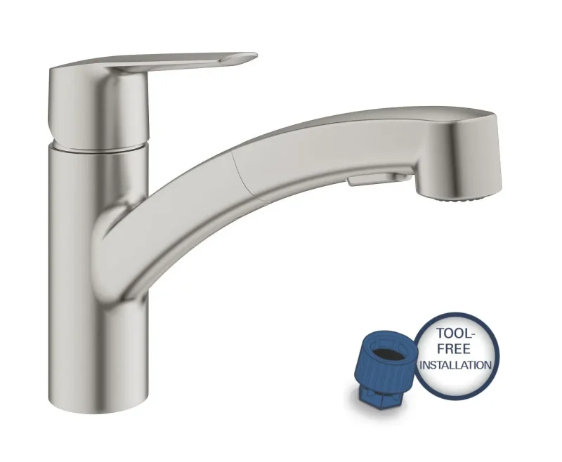 Grohe QuickFix Start - virtuves izlietnes vienas sviras maisītājs ar izvelkamu dušu, Supersteel 30531DC1