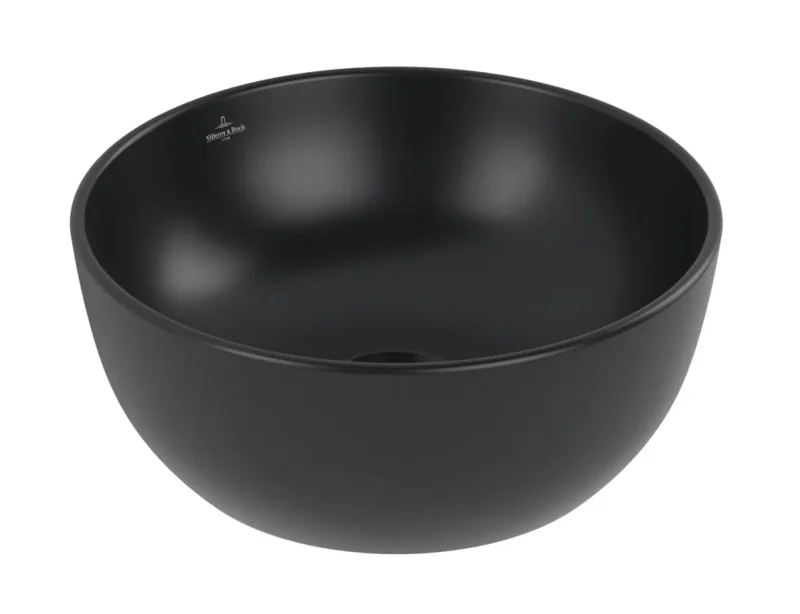 Villeroy & Boch Artis - uz virsmas uzstādāma izlietne, diametrs 33 cm, bez pārplūdes, bez jaucējkrāna atveres, CeramicPlus, Pure Black 438932R7