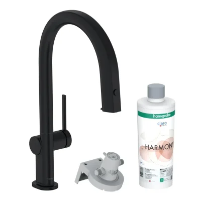 Hansgrohe Aqittura M91 - virtuves izlietnes maisītājs ar izvelkamu izteku un filtra funkciju, sBox, matēti melns 76800670