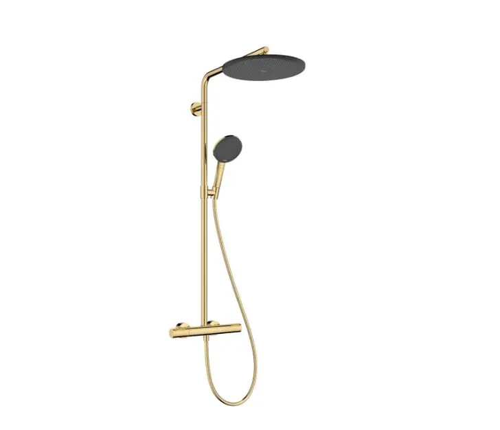 Hansgrohe Raindance Alive S Puro - dušas komplekts ar termostatu, 21x34 cm, 3 strūklas veidi, EcoSmart, pulēta zelta apdare 24593990