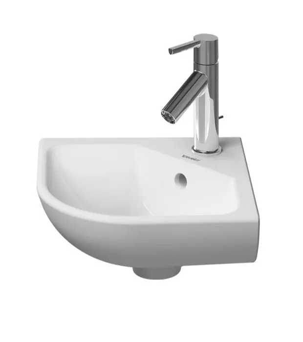 Duravit ME by Starck - stūra roku izlietne 43x38 cm, 1 jaucējkrāna caurums, WonderGliss, balts matēts 07224332001