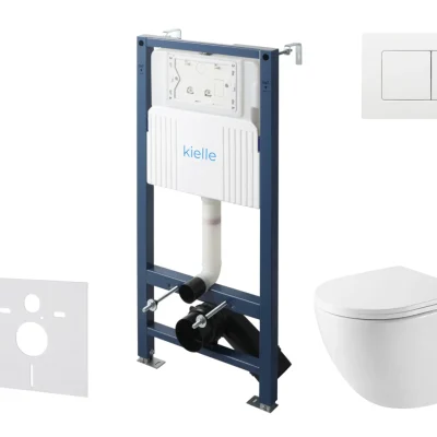 kielle Genesis New - komplekts priekšsienas uzstādīšanai, kompaktais WC Oudee, Vortex Rimless+, Softclose sēdeklis un vadības plate Gemini New III, spīdīgi balts 30528SS43