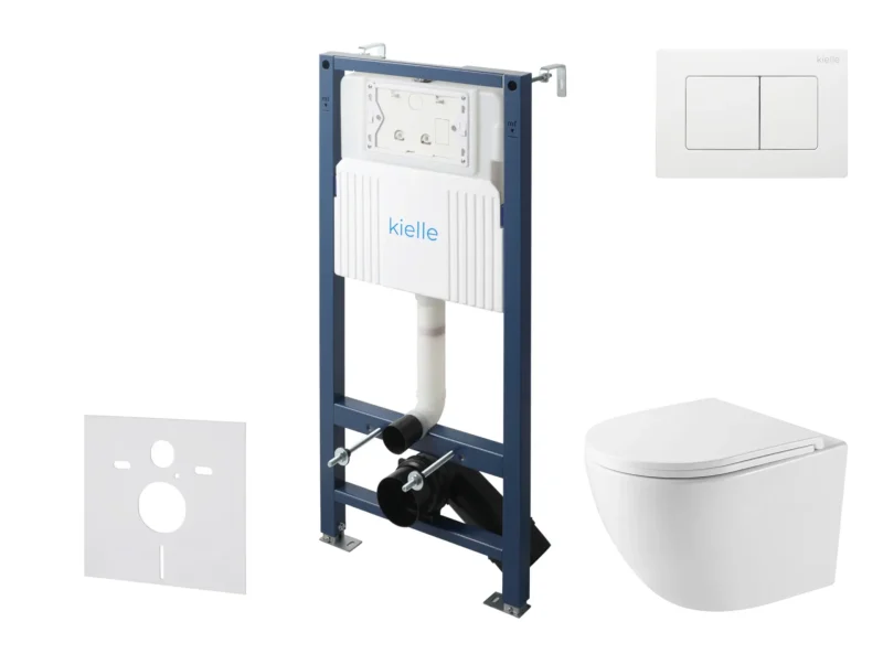 kielle Genesis New - komplekts priekšsienas uzstādīšanai, kompaktais WC Oudee, Vortex Rimless+, Softclose sēdeklis un vadības plate Gemini New III, spīdīgi balts 30528SS43