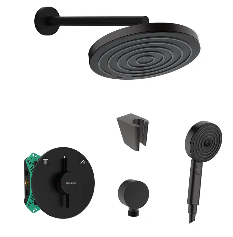 Hansgrohe/Kielle - dušas komplekts ar zemapmetuma maisītāju un montāžas korpusu, matēti melns SANI21HHK400