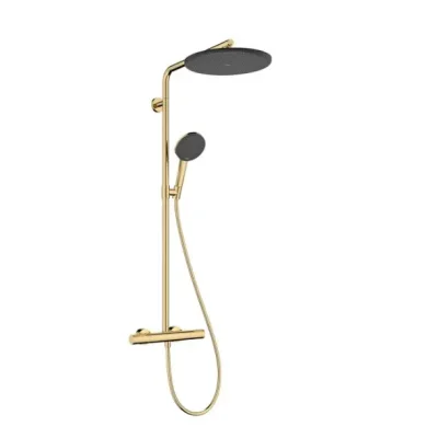 Hansgrohe Raindance Alive S Puro - dušas komplekts ar termostatu, 21x34 cm, 3 strūklas veidi, pulēta zelta apdare 24592990