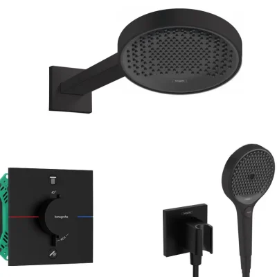 Hansgrohe - dušas komplekts ar zemapmetuma termostatu, ar montāžas korpusu, diametrs 25 cm, 3 strūklas veidi, matēti melns SANI21HHH407