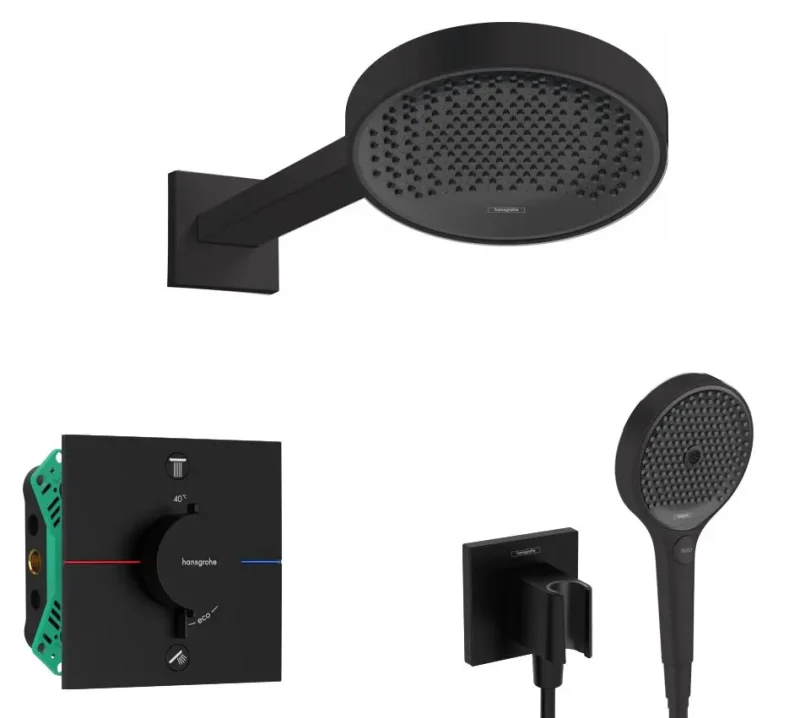 Hansgrohe - dušas komplekts ar zemapmetuma termostatu, ar montāžas korpusu, diametrs 25 cm, 3 strūklas veidi, matēti melns SANI21HHH407
