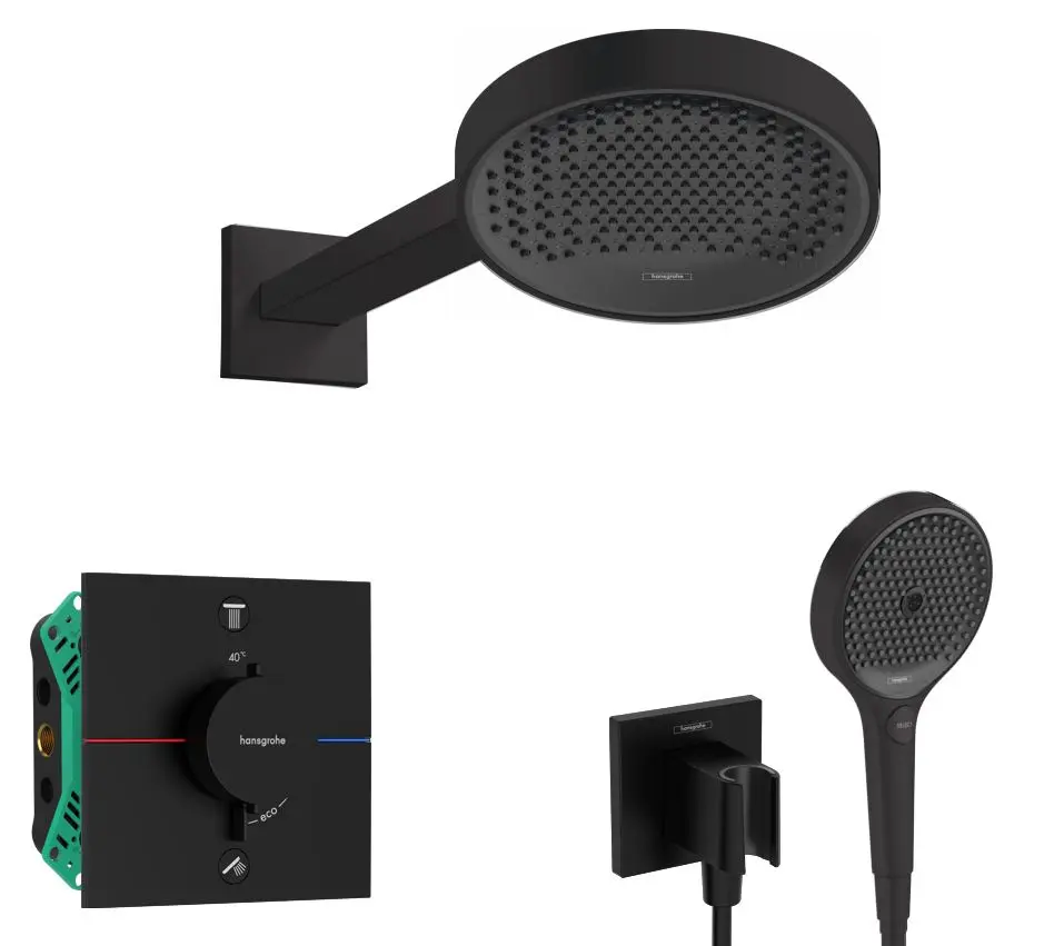 Hansgrohe - dušas komplekts ar zemapmetuma termostatu, ar montāžas korpusu, diametrs 25 cm, 3 strūklas veidi, matēti melns SANI21HHH407
