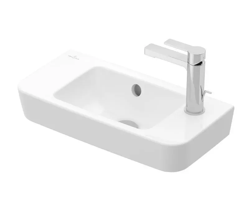 Villeroy & Boch O.novo - Compact roku mazgājamā izlietne 50x25 cm, bez pārplūdes, jaucējkrāna caurums labajā pusē, AntiBac, CeramicPlus, Alpu balts 4342R5T2