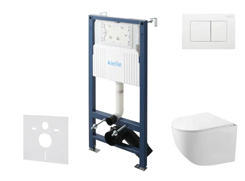 kielle Genesis New - komplekts priekšsienas uzstādīšanai, kompaktais WC Gaia, Rimless, Softclose sēdeklis un vadības plate Gemini New III, spīdīgi balts 30528SS88