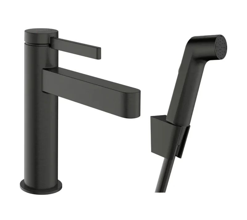 Hansgrohe Finoris - izlietnes maisītājs ar Push-Open noteces komplektu un bidē dušu, EcoSmart, birstēts melns hroms 76210340