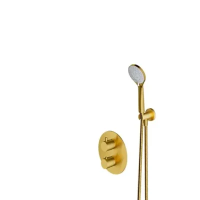 OMNIRES Y - dušas komplekts ar zemapmetuma termostatu, ar iebūvējamo daļu, diametrs 25 cm, 5 strūklas veidi, matēts zelts SYSYT05GLB
