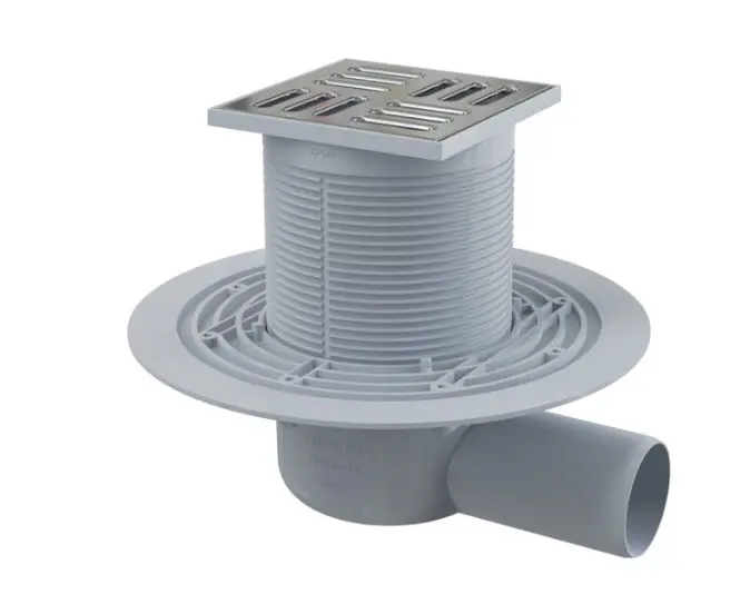 Alcadrain vannas istabas notekas - grīdas noteka, sānu, 11x11 cm, diametrs 5 cm, nerūsējošais tērauds/plastmasa APV1311