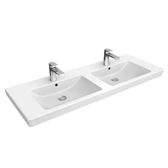 Villeroy & Boch Subway 2.0 - mēbeļu dubultizlietne 130x47 cm, ar pārplūdi, caurumiem jaucējkrāniem, Ceramicplus, balta 7175D0R1